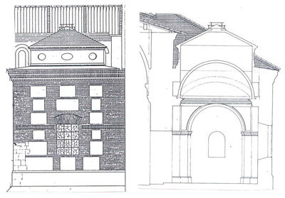(Fig. 117, 118). Alzado y sección de la capilla del Carmen.