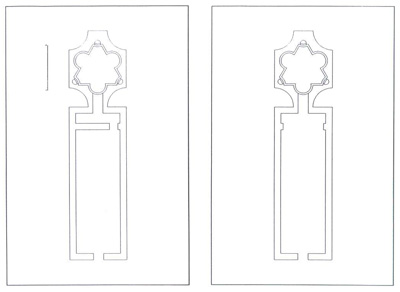 (Fig. 81). Plantas hipotéticas de la ermita. Nótese que el camino hasta el camarín es angosto y sin ningún vano, buscando la sorpresa de los fieles; de haberse realizado la decoración de yeserías, el efecto devocional hubiese sido mucho más efectista; planimetría de Flavio Monje.