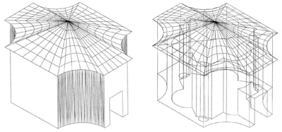 (Figs. 91-92). PONTONES. Alzado en prespectiva del camarín de la V. de la Vega; exhibición de alternativas entre lo rectilineo y lo curvilíneo; reconstrucción de Flavio Monje. PONTONES. Axiometría del camarín de la V. de la Vega; obsérvese el movimiento barroco que posee tanto al interior como al exterior; reconstrucción de Flavio Monje.